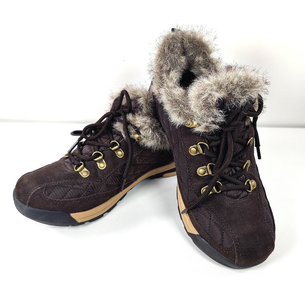 Lands' End Powder Belle Faux Fur Trim Winter Booties Brown Women's US 8 B